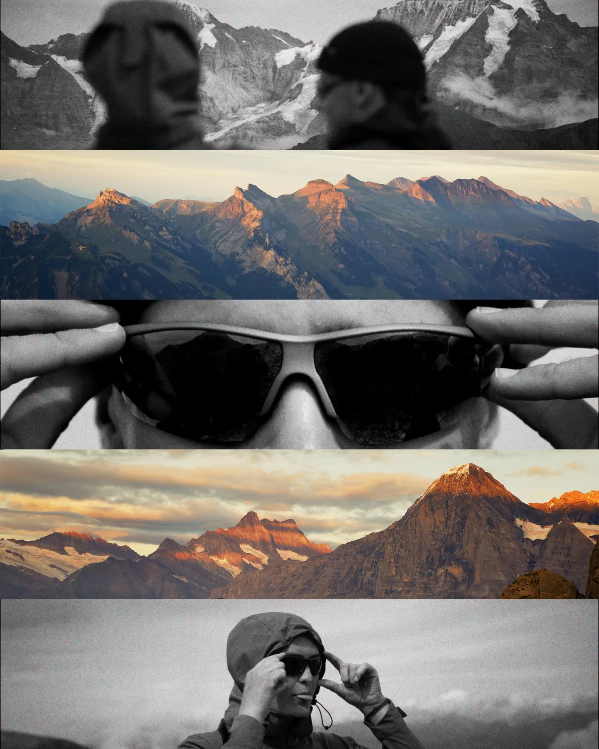 Collage aus fünf Filmstreifen: Bergpanoramen im Abendlicht und Schwarzweiss-Momente mit Sonnenbrille