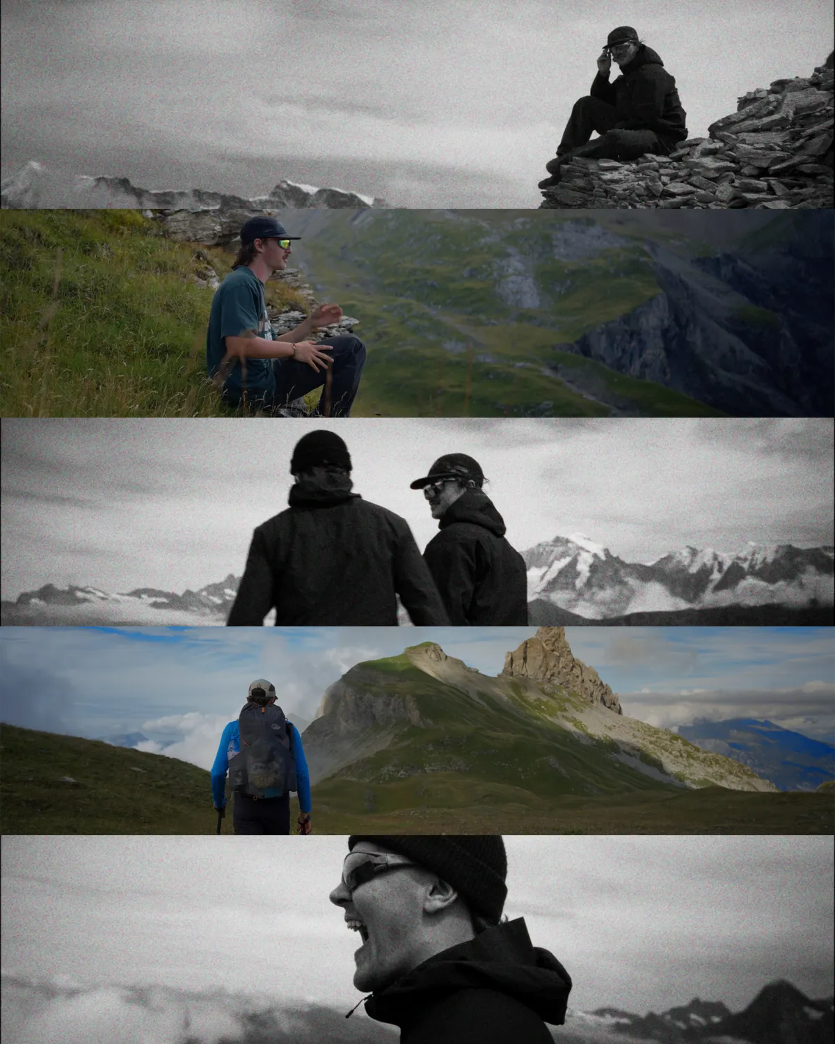 Collage aus fünf Filmstreifen: Momente der Tour, vom Gespräch am Grat bis zum Lachen im Nebel