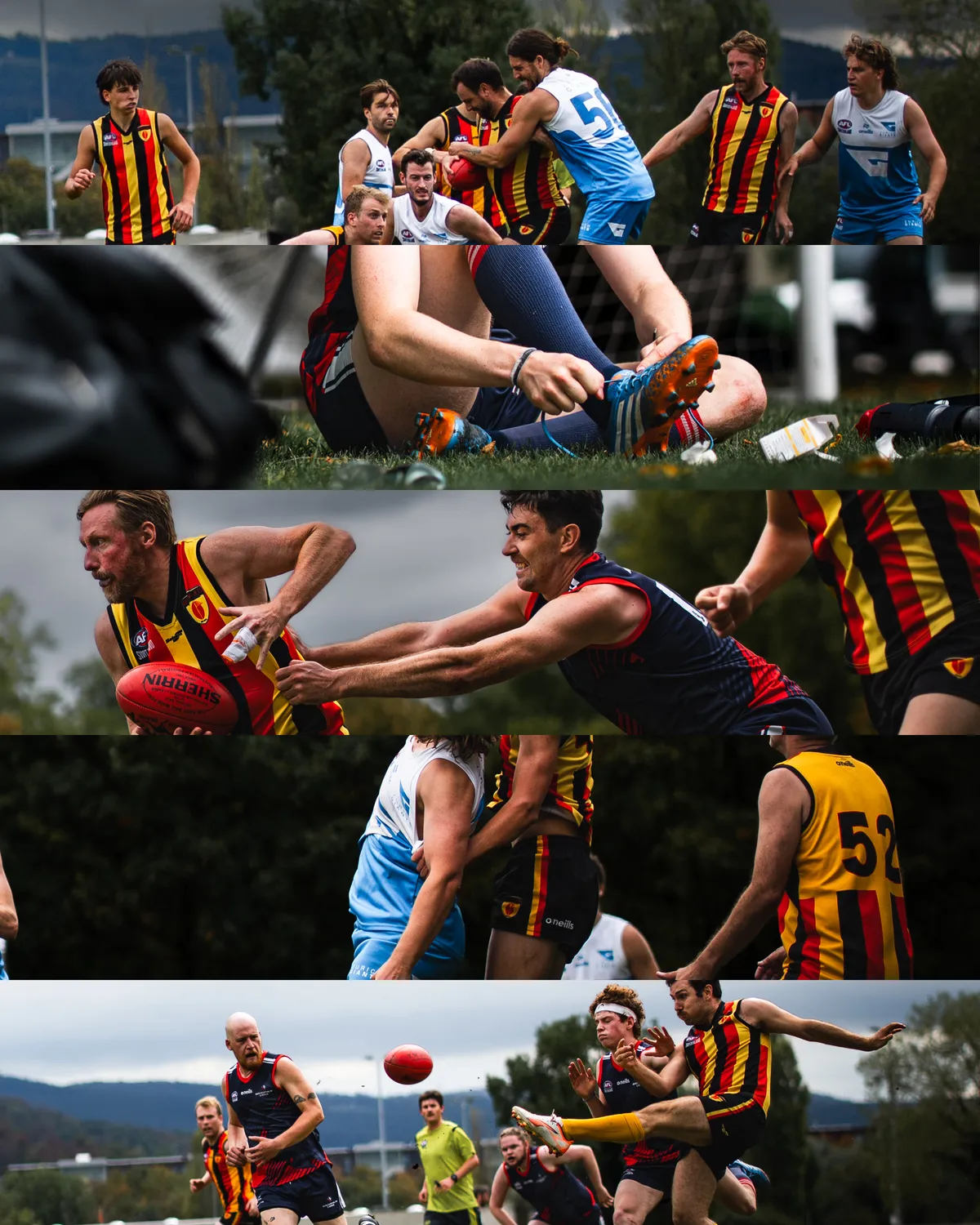 Collage aus fünf Streifen: Spielszenen des Tages, vom Zweikampf über das Schuhebinden bis zum Kick